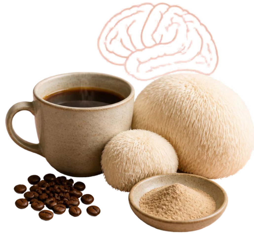 A cup of black coffee with lion's mane mushrooms, mushroom powder, coffee beans and a brain illustration