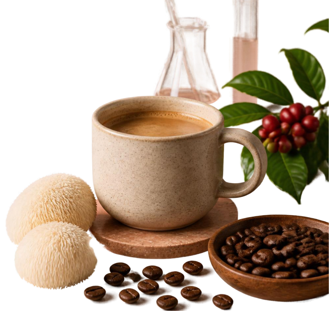 A ceramic cup of Nootra coffee beside lion's mane mushrooms, roasted coffee beans, fresh coffee cherries and lab glassware